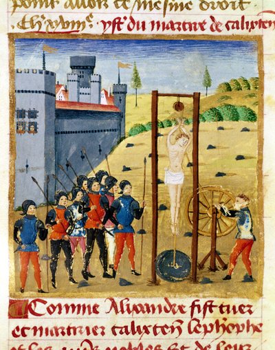Ms 1335 f.167v Hoe Alexander de Grote Calixten Cephobe en de andere edelen voor Caroutz doodde en martelde door French School